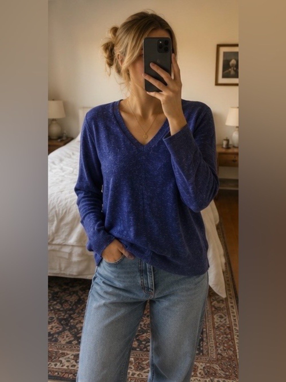 Eileen Fisher NWT Organic Linen Cotton Slub V-Neck Sweater XL Blue Lightweight